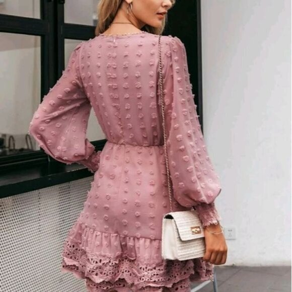 CONTRAST LACE BLUSH POLKA DOT GLAMOROUS DRESS - Picture 7 of 16